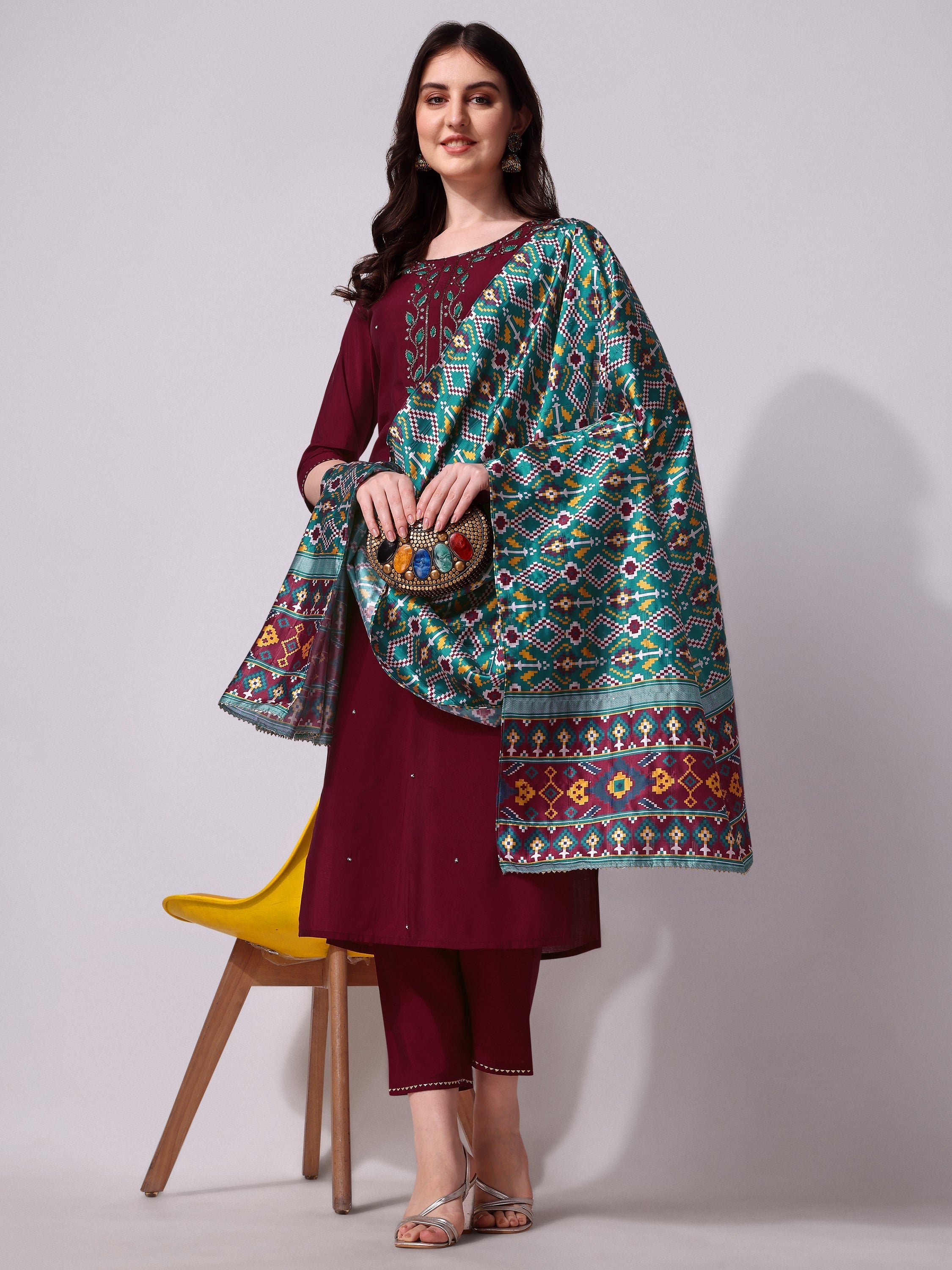 Embroidered Kurta With Pant And Dupatta Set, Multicolor - Hiral Fashion - Distacart