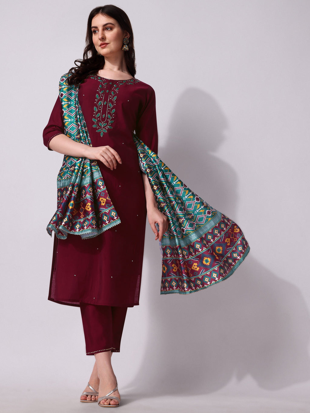Embroidered Kurta With Pant And Dupatta Set, Multicolor - Hiral Fashion - Distacart