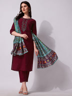 Embroidered Kurta With Pant And Dupatta Set, Multicolor - Hiral Fashion - Distacart