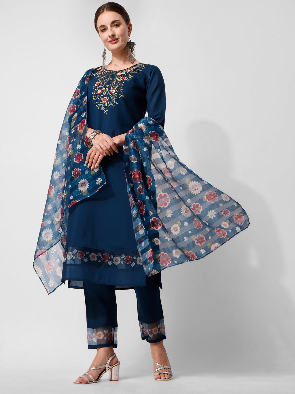 Embroidered Blue Kurta With Pant And Printed Dupatta Set, Multicolor - Hiral Fashion - Distacart