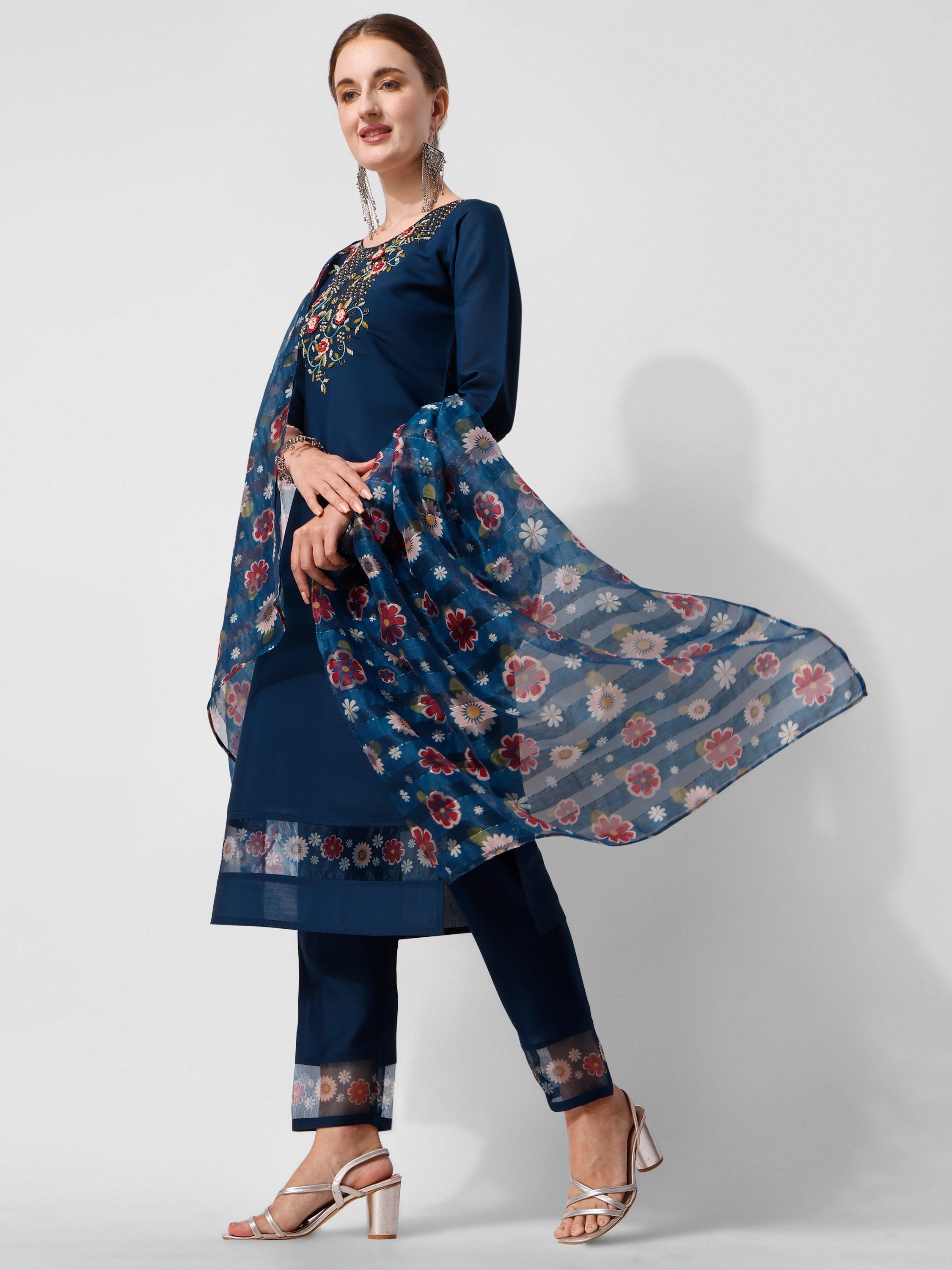 Embroidered Blue Kurta With Pant And Printed Dupatta Set, Multicolor - Hiral Fashion - Distacart