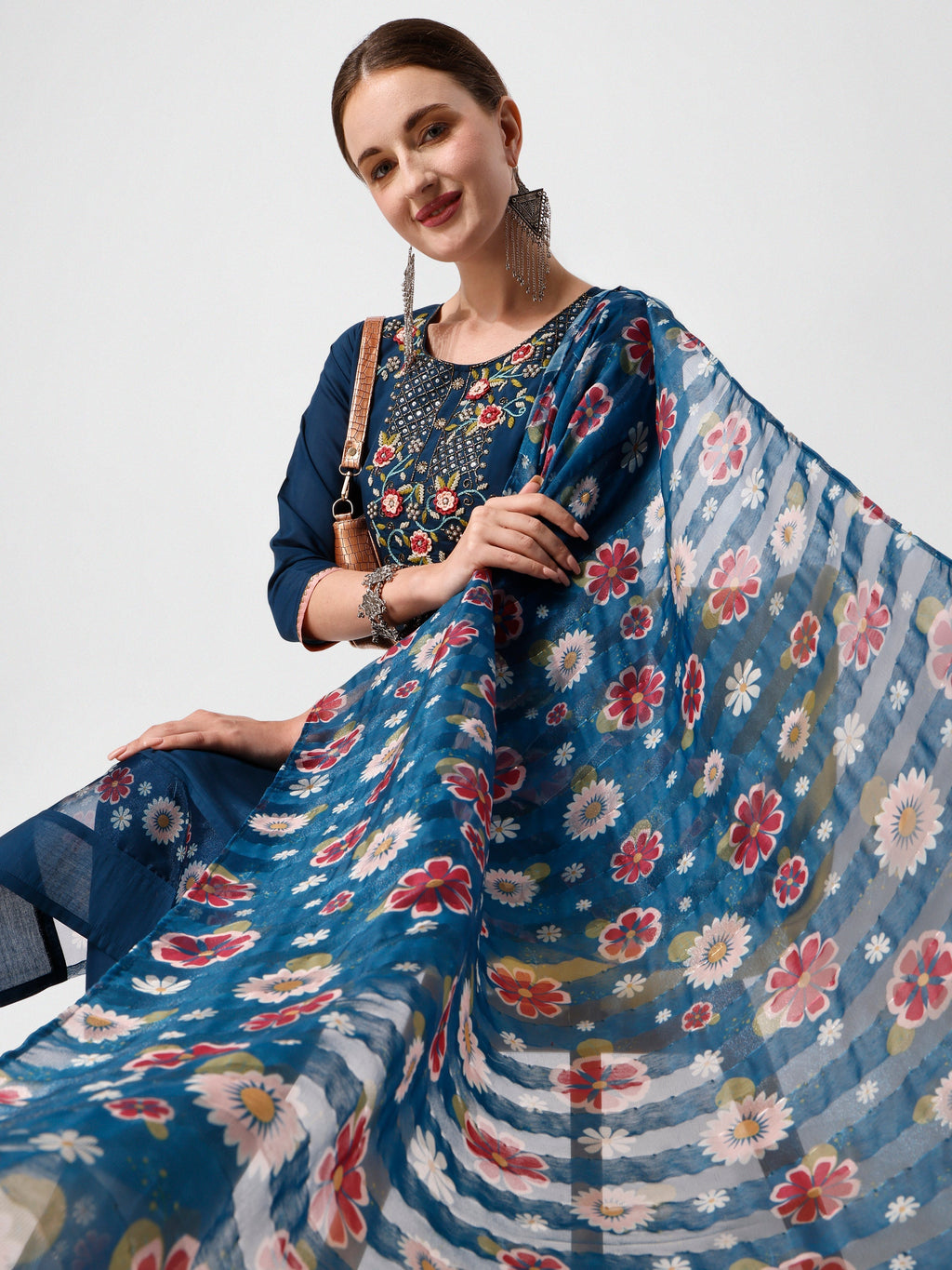 Embroidered Blue Kurta With Pant And Printed Dupatta Set, Multicolor - Hiral Fashion - Distacart