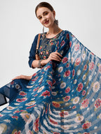 Embroidered Blue Kurta With Pant And Printed Dupatta Set, Multicolor - Hiral Fashion - Distacart