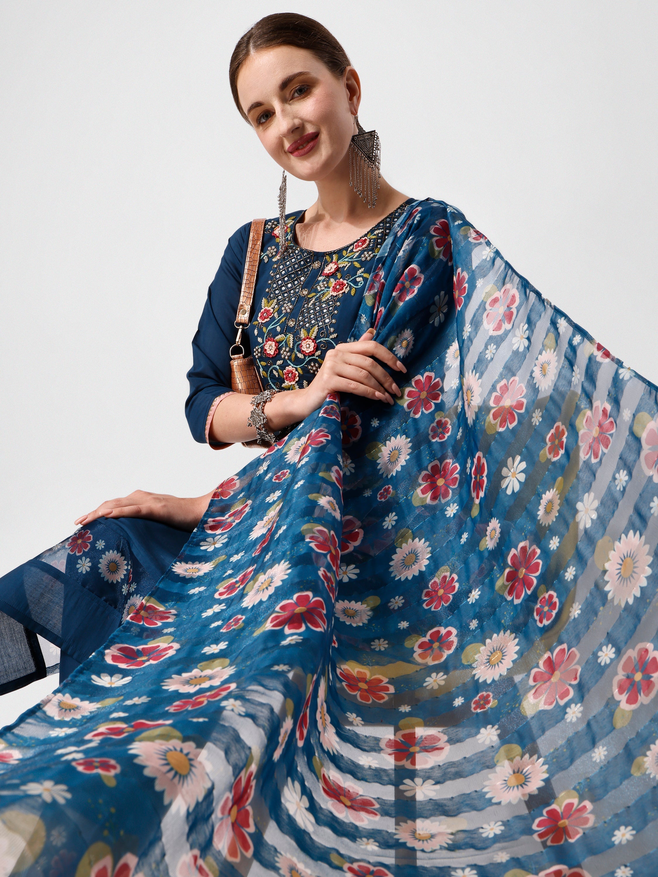 Embroidered Blue Kurta With Pant And Printed Dupatta Set, Multicolor - Hiral Fashion - Distacart