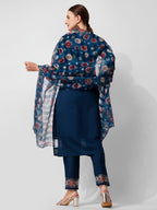 Embroidered Blue Kurta With Pant And Printed Dupatta Set, Multicolor - Hiral Fashion - Distacart