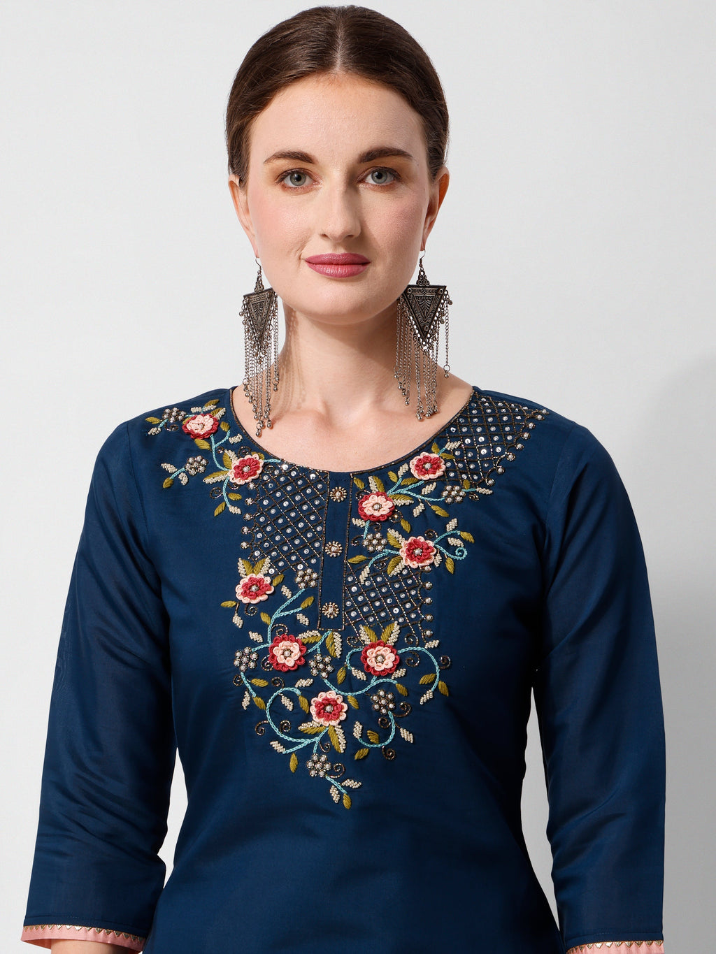 Embroidered Blue Kurta With Pant And Printed Dupatta Set, Multicolor - Hiral Fashion - Distacart