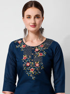 Embroidered Blue Kurta With Pant And Printed Dupatta Set, Multicolor - Hiral Fashion - Distacart