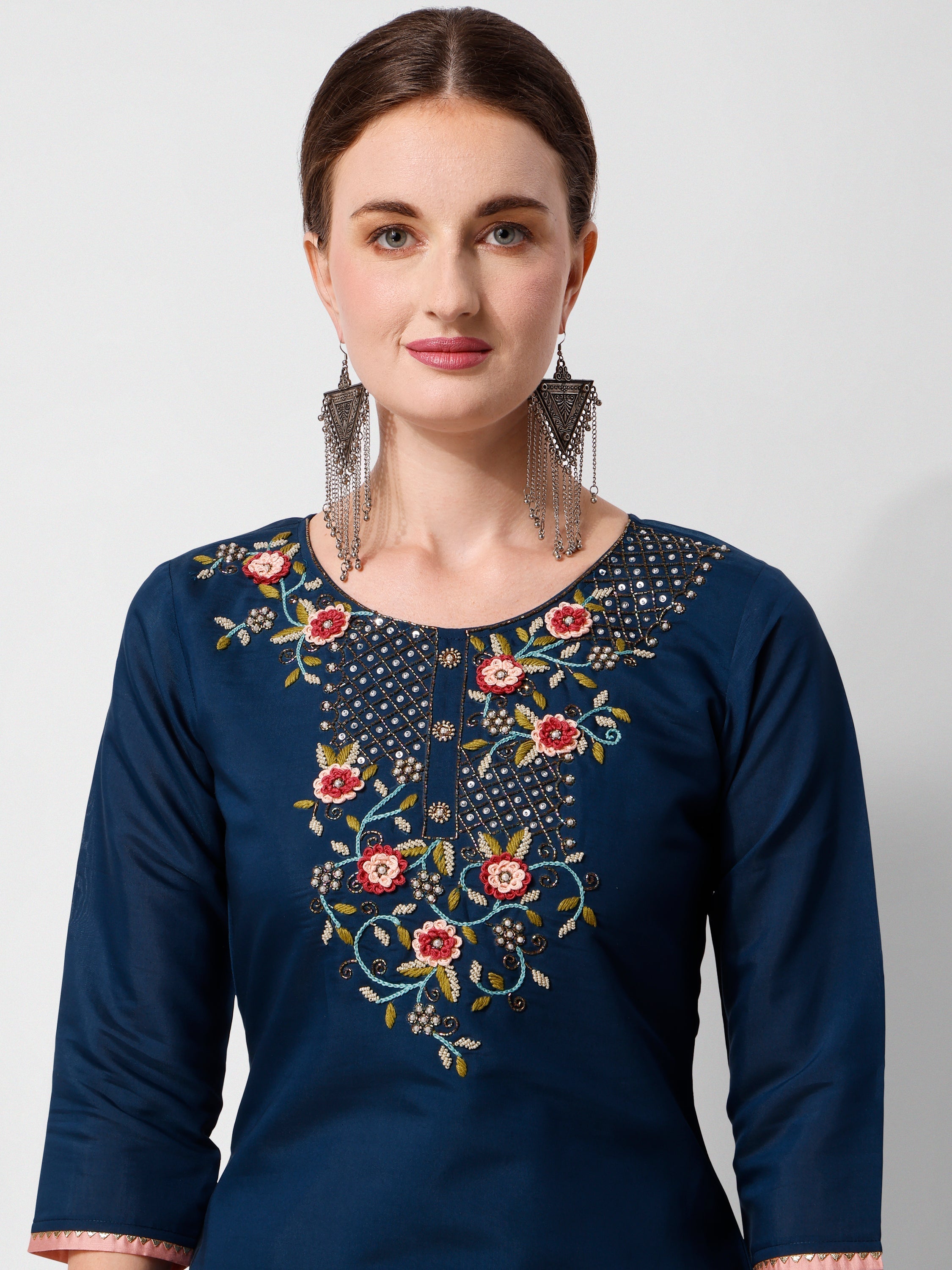 Embroidered Blue Kurta With Pant And Printed Dupatta Set, Multicolor - Hiral Fashion - Distacart