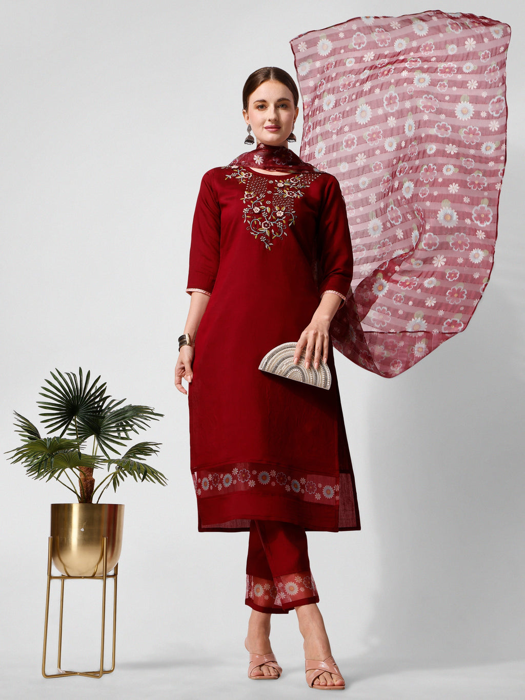 Embroidered Kurta With Pant And Printed Dupattaset, Multicolor - Hiral Fashion - Distacart