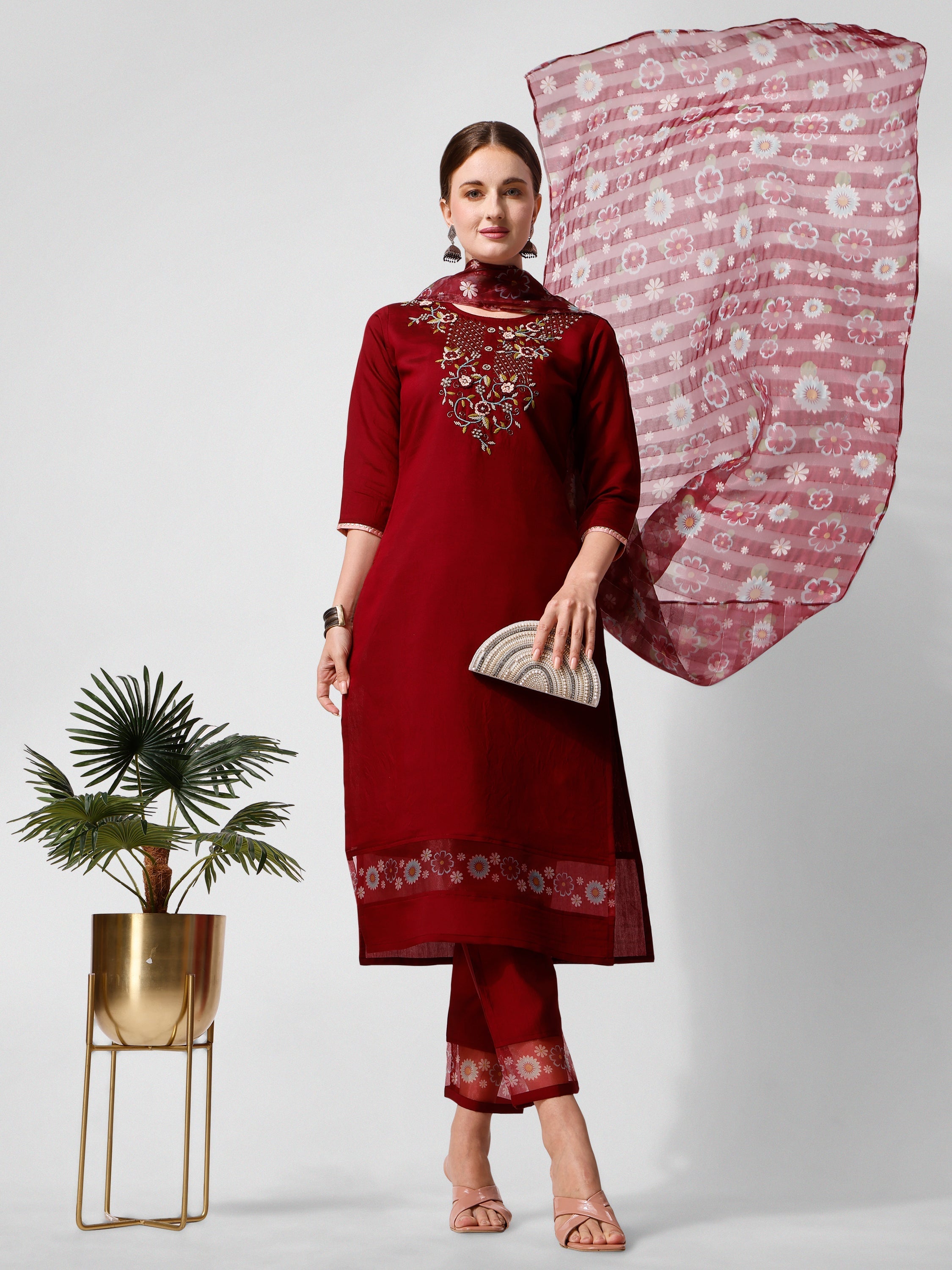 Embroidered Kurta With Pant And Printed Dupattaset, Multicolor - Hiral Fashion - Distacart