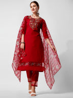 Embroidered Kurta With Pant And Printed Dupatta Set, Multicolor - Hiral Fashion - Distacart