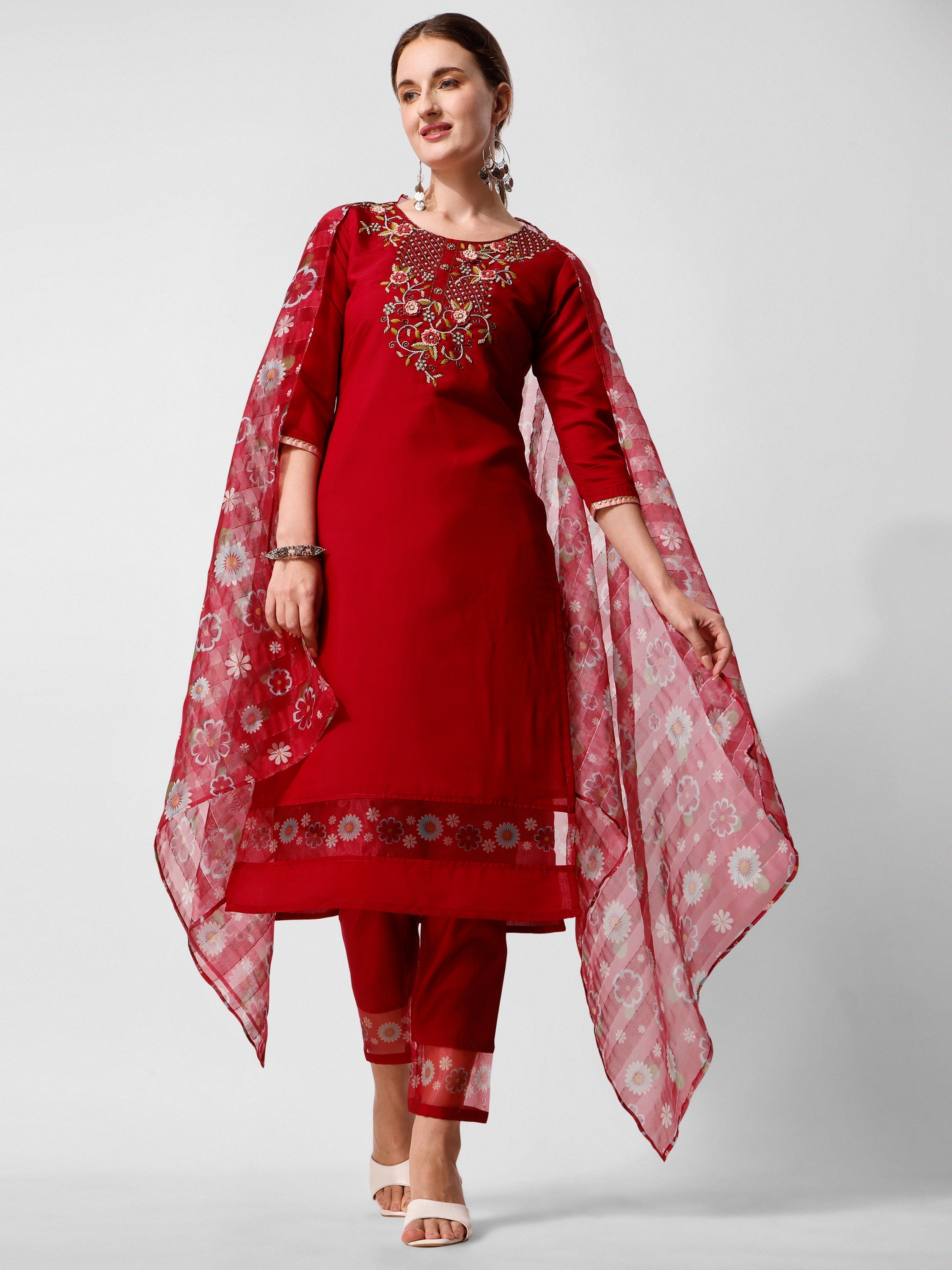 Embroidered Kurta With Pant And Printed Dupatta Set, Multicolor - Hiral Fashion - Distacart