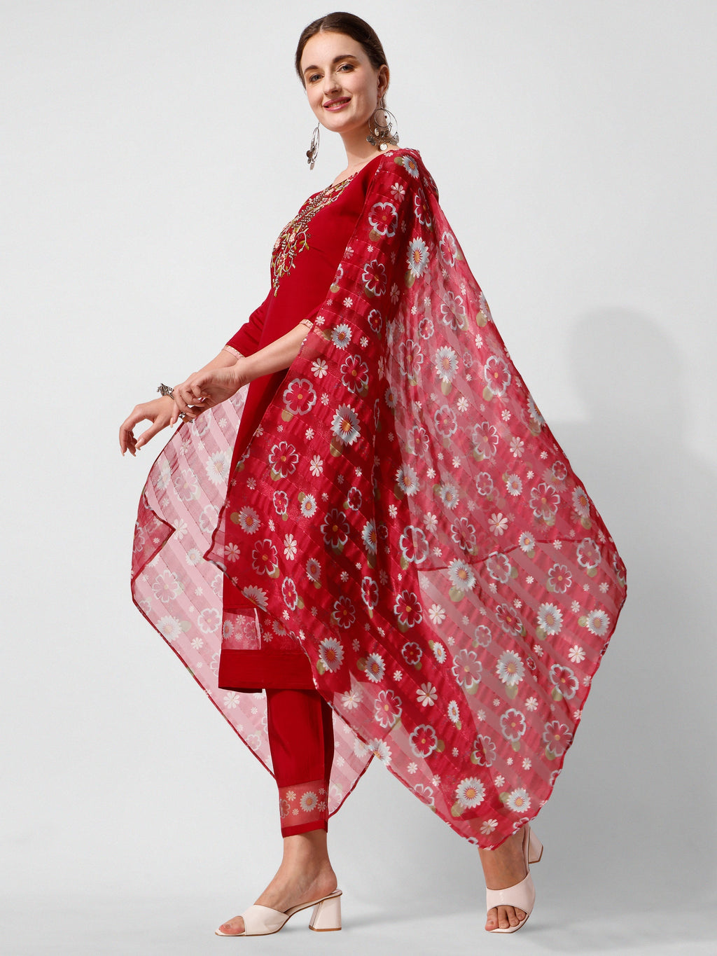 Embroidered Kurta With Pant And Printed Dupatta Set, Multicolor - Hiral Fashion - Distacart