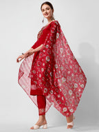 Embroidered Kurta With Pant And Printed Dupatta Set, Multicolor - Hiral Fashion - Distacart