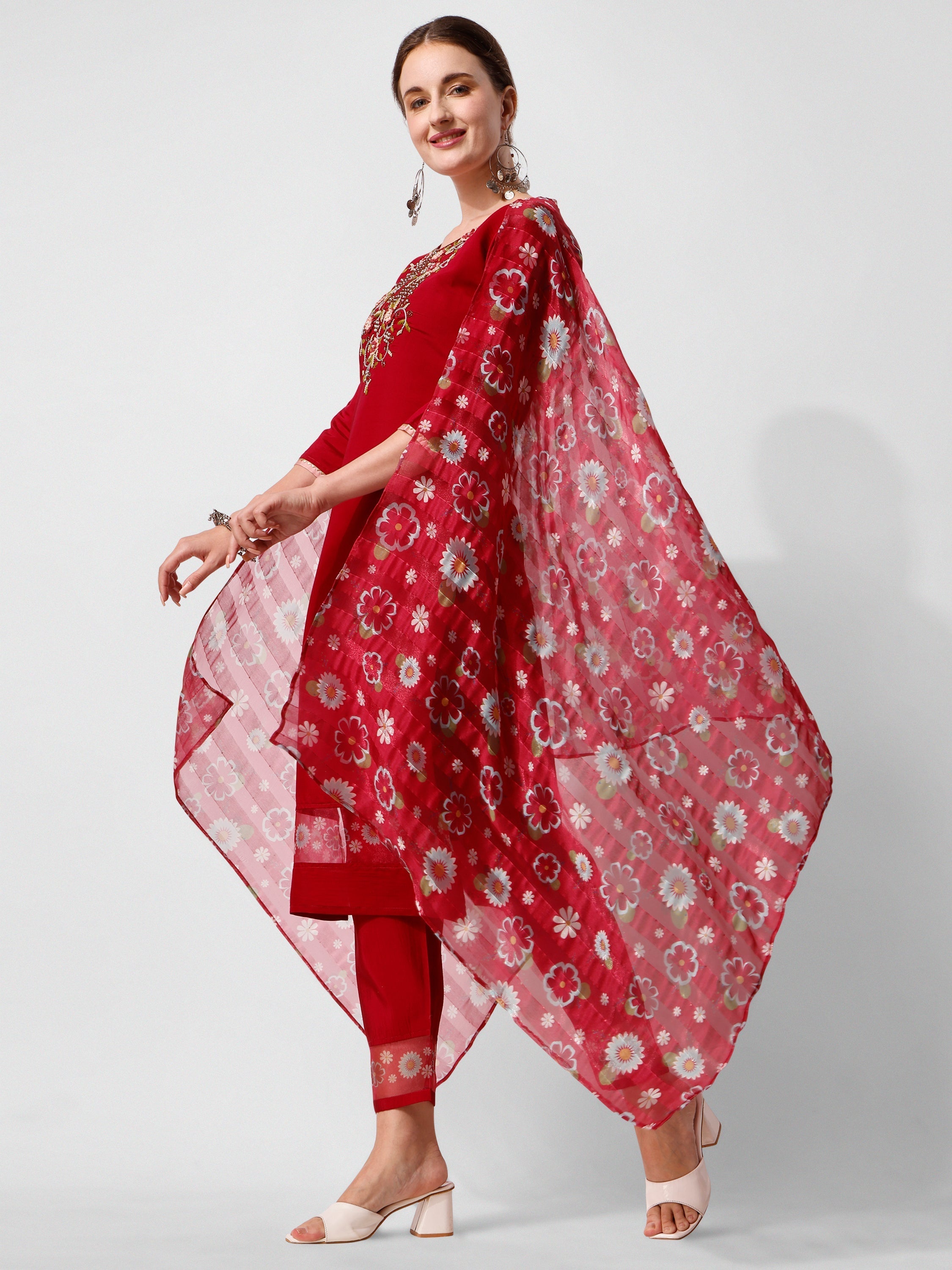Embroidered Kurta With Pant And Printed Dupatta Set, Multicolor - Hiral Fashion - Distacart