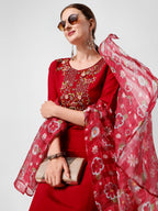 Embroidered Kurta With Pant And Printed Dupatta Set, Multicolor - Hiral Fashion - Distacart