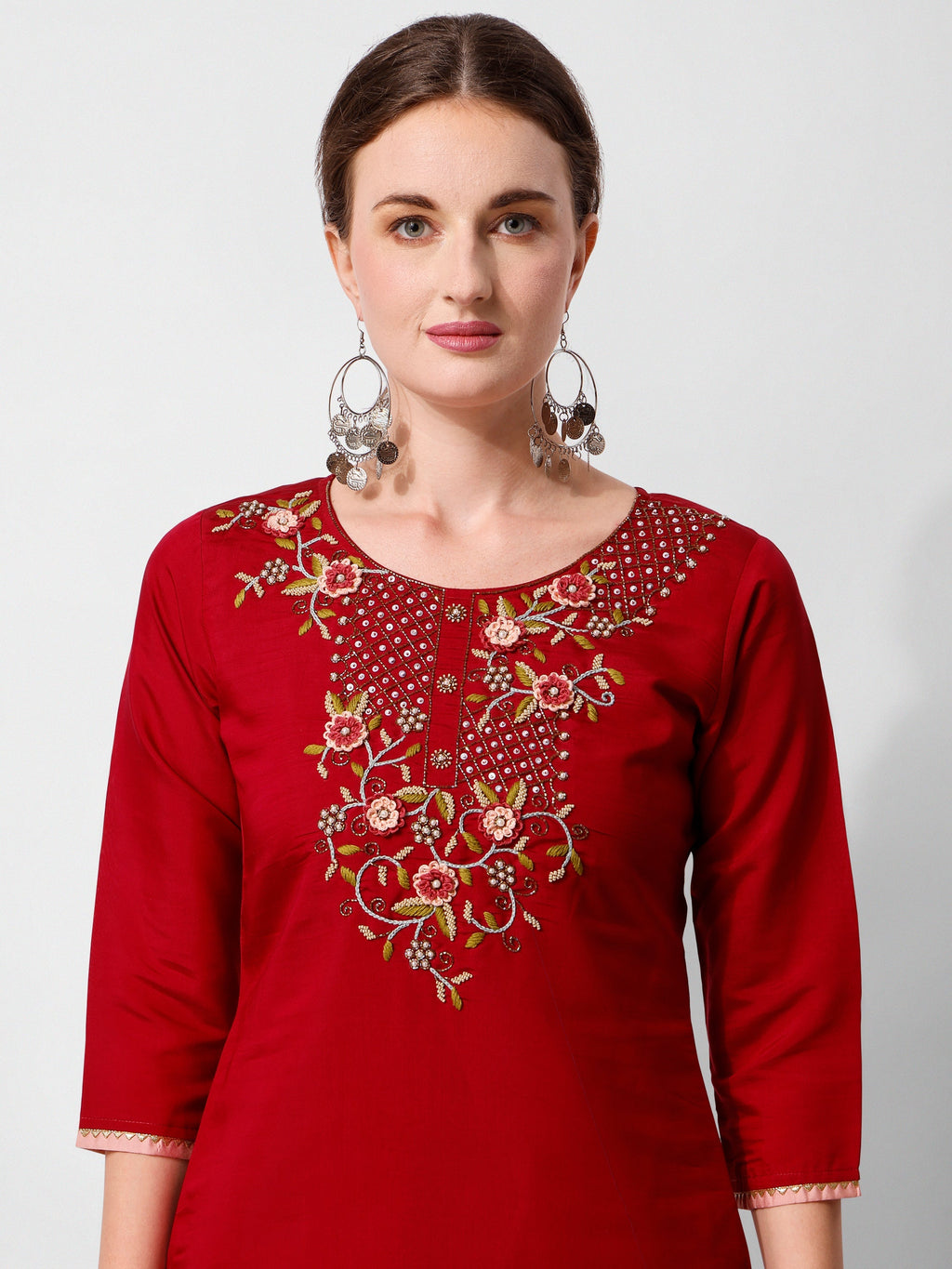 Embroidered Kurta With Pant And Printed Dupatta Set, Multicolor - Hiral Fashion - Distacart