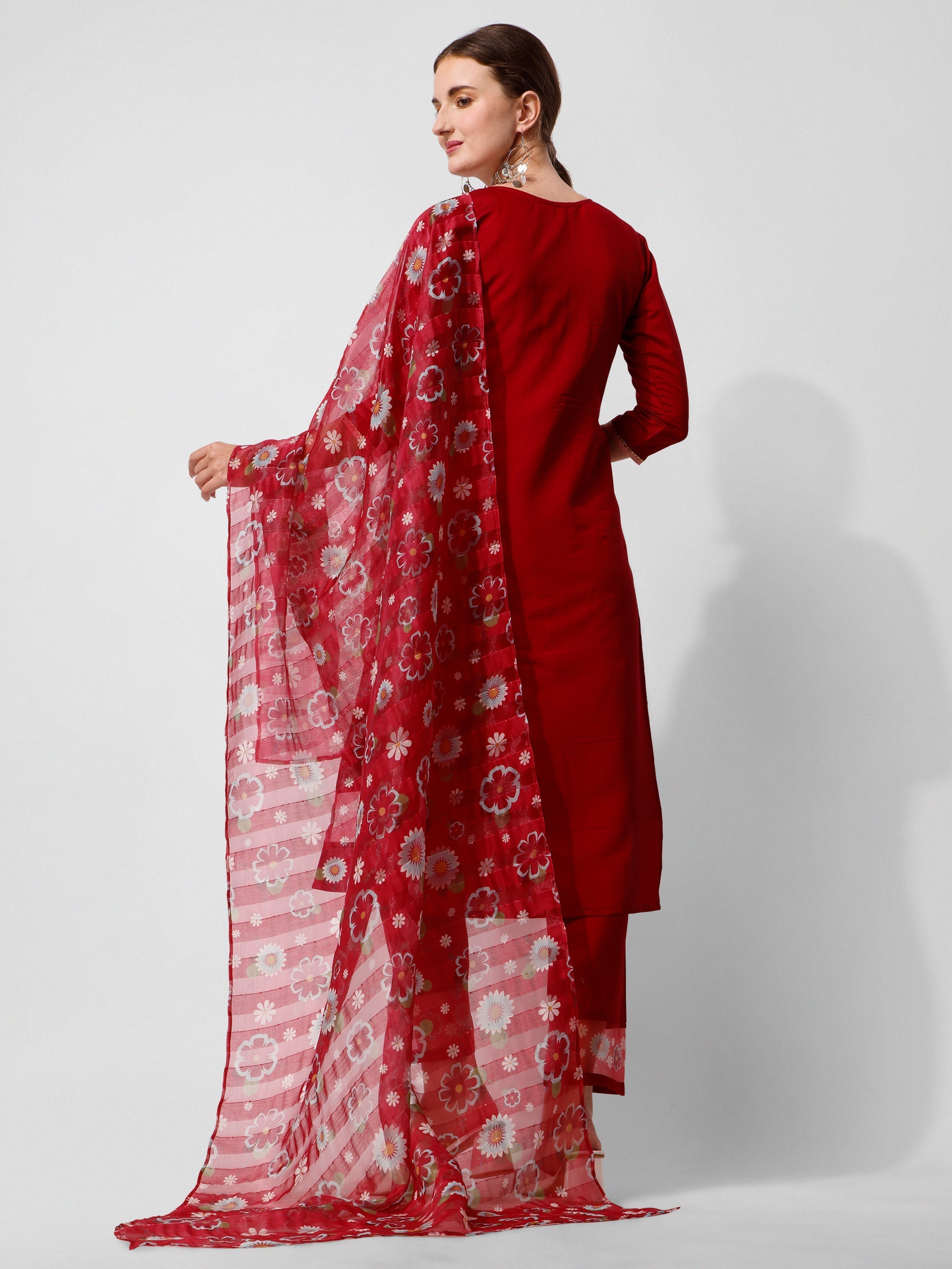 Embroidered Kurta With Pant And Printed Dupatta Set, Multicolor - Hiral Fashion - Distacart
