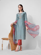 Blue Embroidered Kurta Pant & Printed Dupatta Set, Multicolor - Hiral Fashion - Distacart