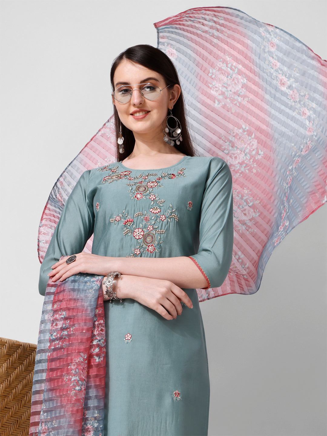 Blue Embroidered Kurta Pant & Printed Dupatta Set, Multicolor - Hiral Fashion - Distacart