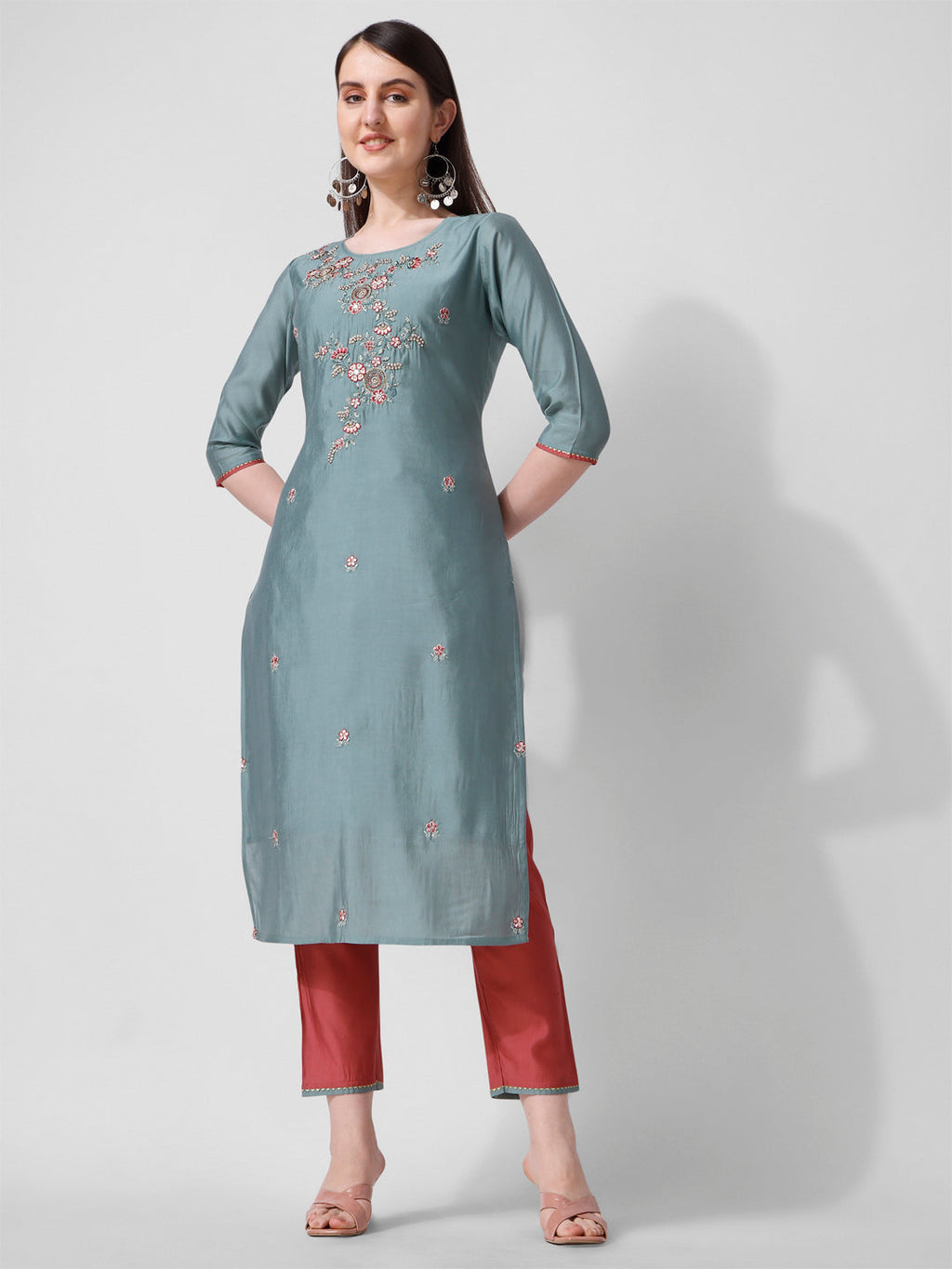 Blue Embroidered Kurta Pant & Printed Dupatta Set, Multicolor - Hiral Fashion - Distacart