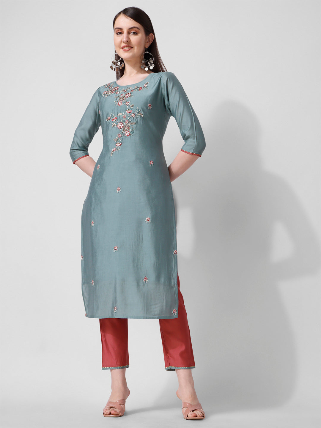 Blue Embroidered Kurta Pant & Printed Dupatta Set, Multicolor - Hiral Fashion - Distacart