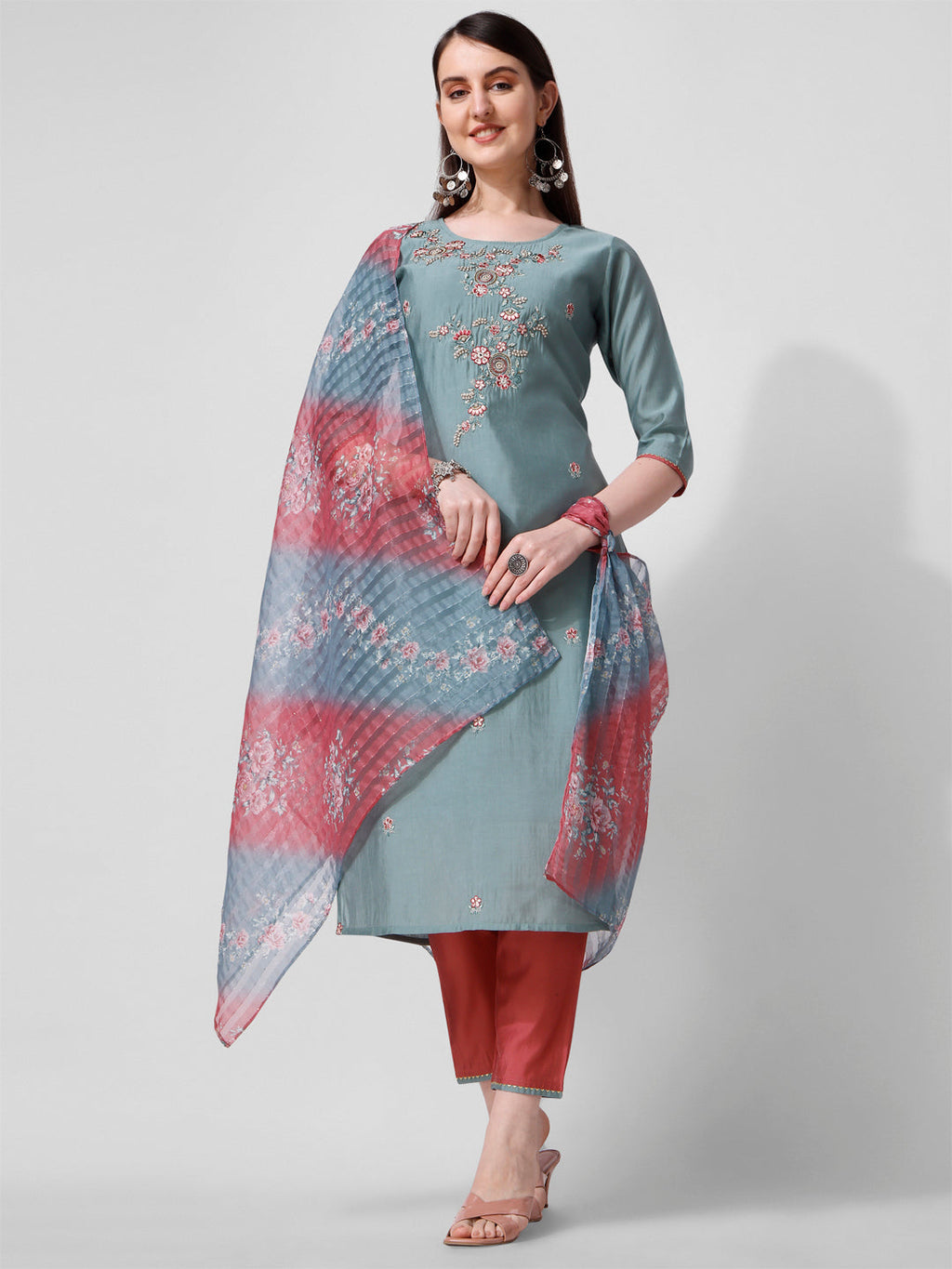 Blue Embroidered Kurta Pant & Printed Dupatta Set, Multicolor - Hiral Fashion - Distacart