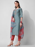 Blue Embroidered Kurta Pant & Printed Dupatta Set, Multicolor - Hiral Fashion - Distacart