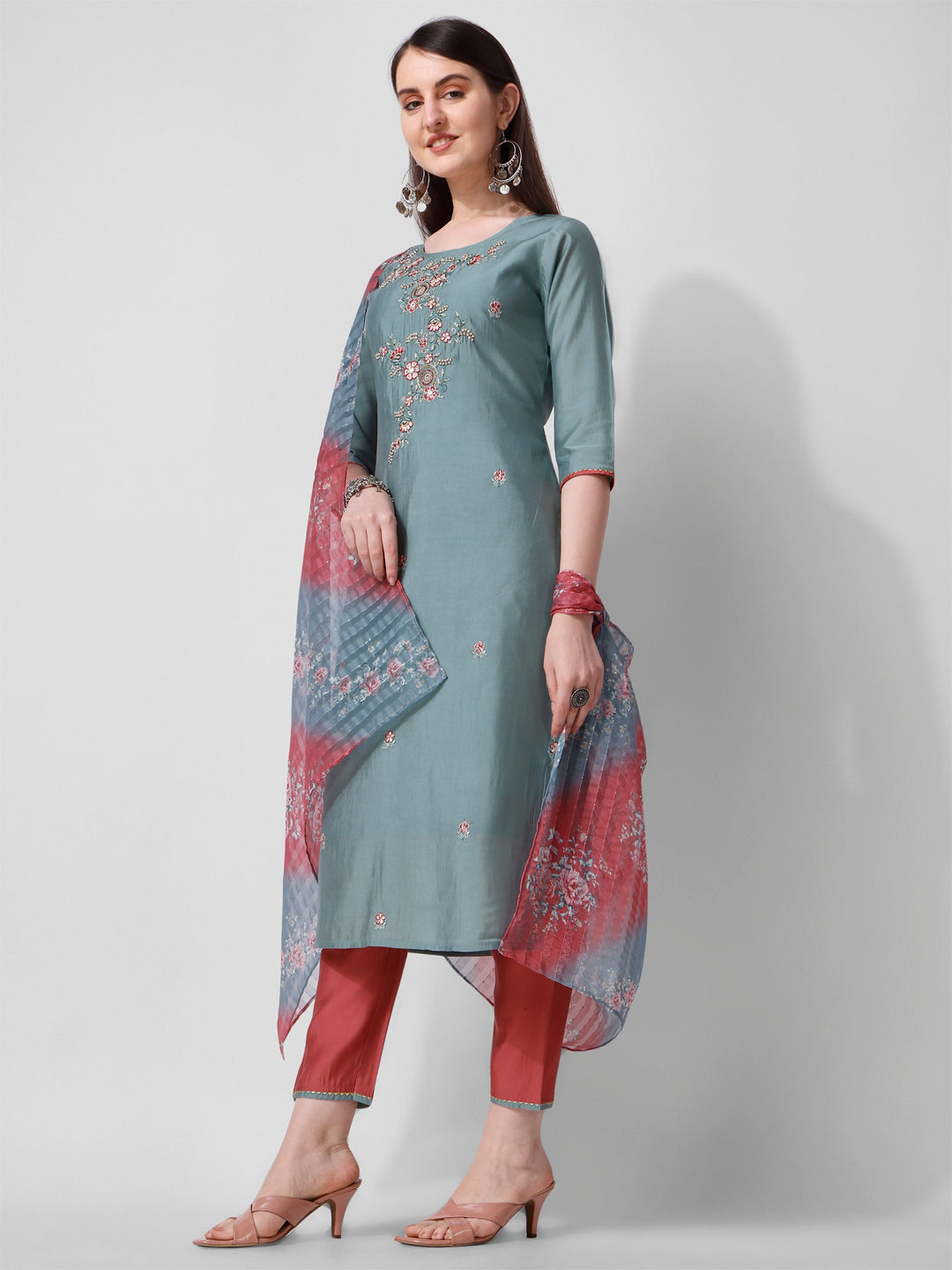 Blue Embroidered Kurta Pant & Printed Dupatta Set, Multicolor - Hiral Fashion - Distacart