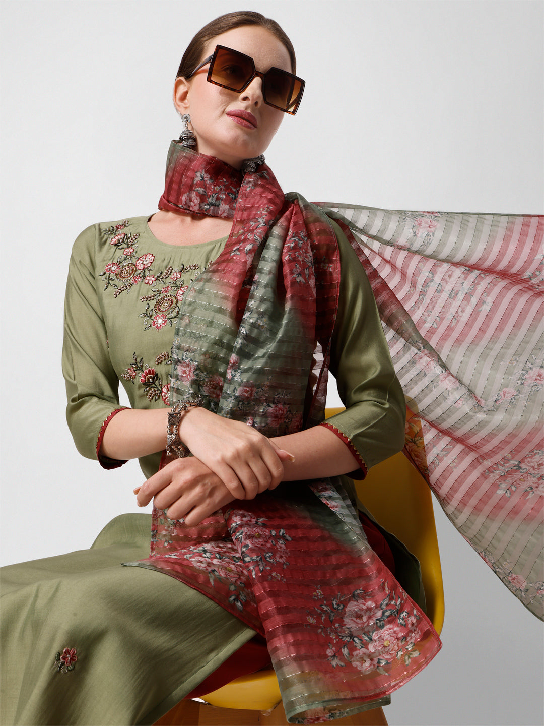 Green Embroidered Kurta Pant & Printed Dupatta Set, Multicolor - Hiral Fashion - Distacart