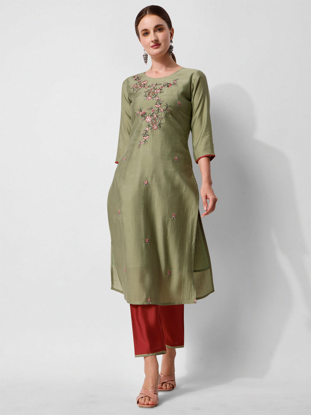 Green Embroidered Kurta Pant & Printed Dupatta Set, Multicolor - Hiral Fashion - Distacart