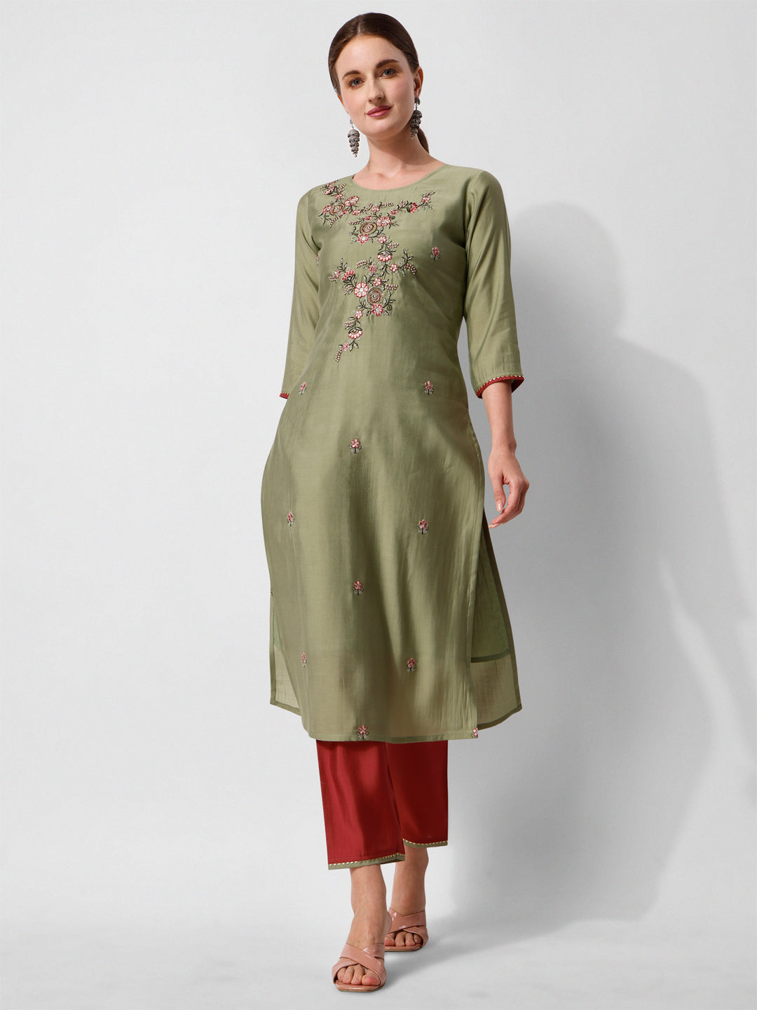Green Embroidered Kurta Pant & Printed Dupatta Set, Multicolor - Hiral Fashion - Distacart