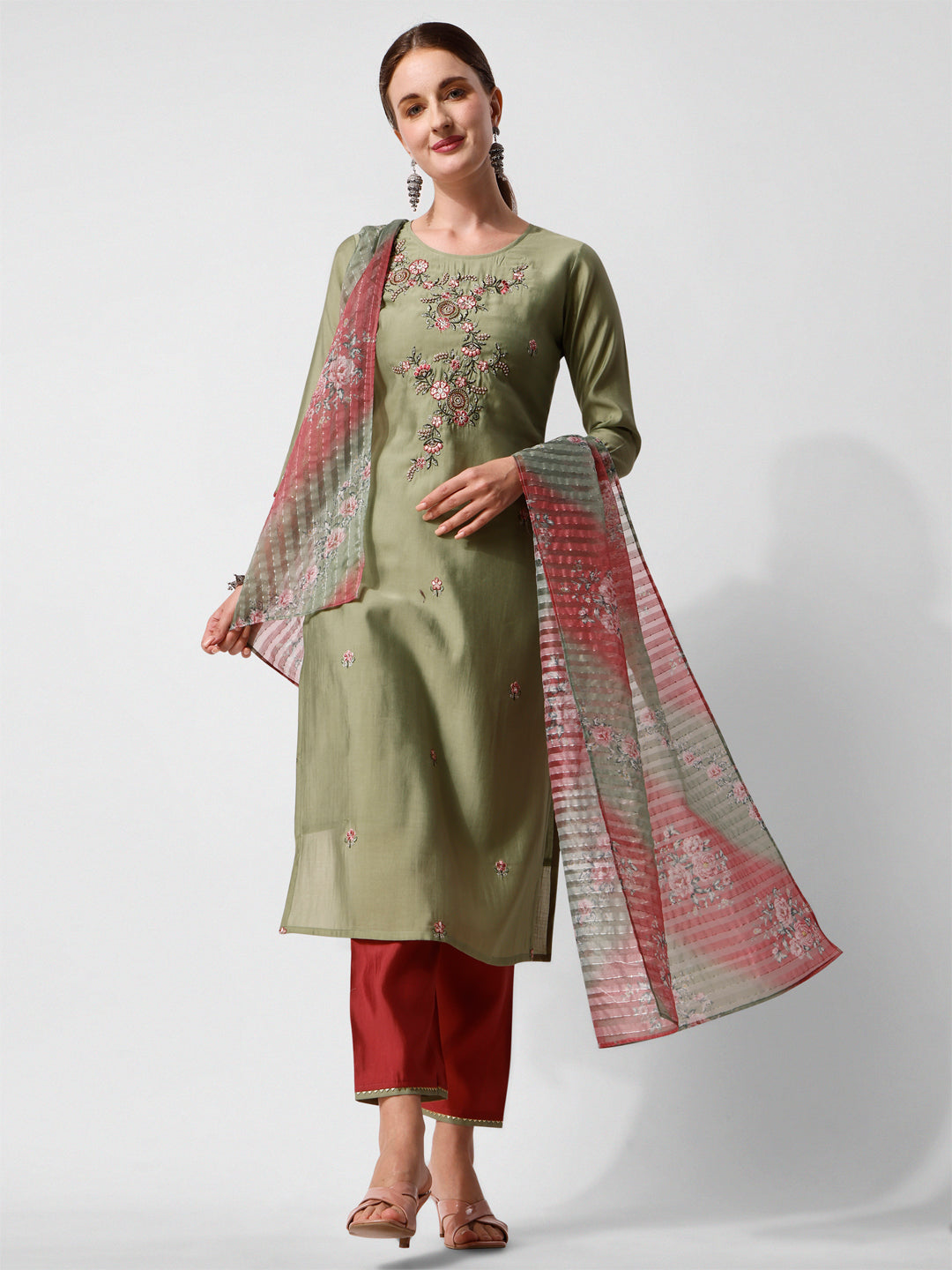 Green Embroidered Kurta Pant & Printed Dupatta Set, Multicolor - Hiral Fashion - Distacart