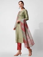 Green Embroidered Kurta Pant & Printed Dupatta Set, Multicolor - Hiral Fashion - Distacart