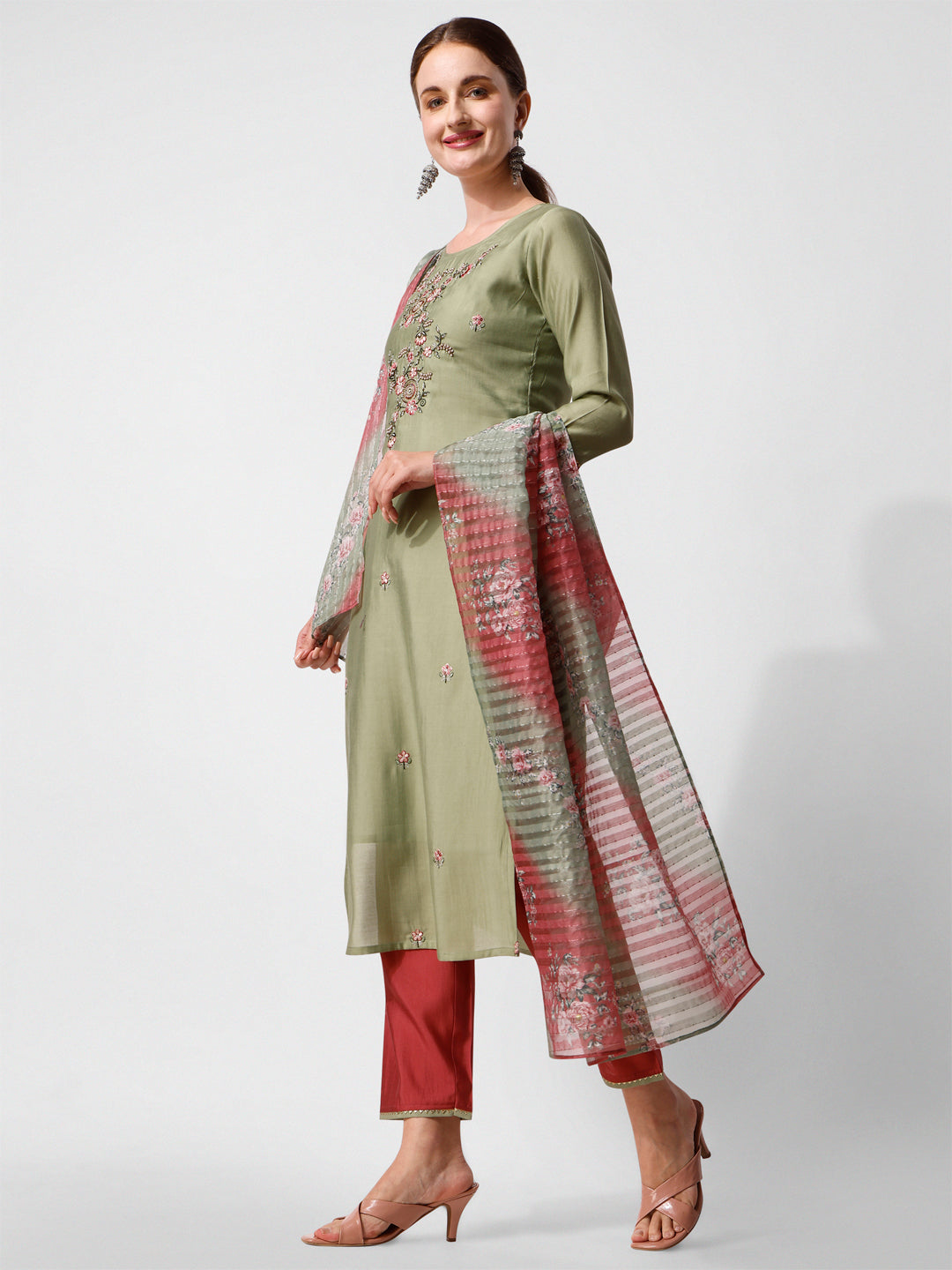 Green Embroidered Kurta Pant & Printed Dupatta Set, Multicolor - Hiral Fashion - Distacart