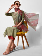 Green Embroidered Kurta Pant & Printed Dupatta Set, Multicolor - Hiral Fashion - Distacart