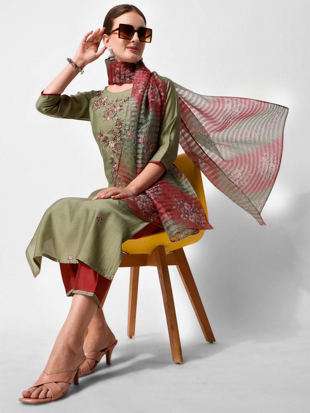 Green Embroidered Kurta Pant & Printed Dupatta Set, Multicolor - Hiral Fashion - Distacart
