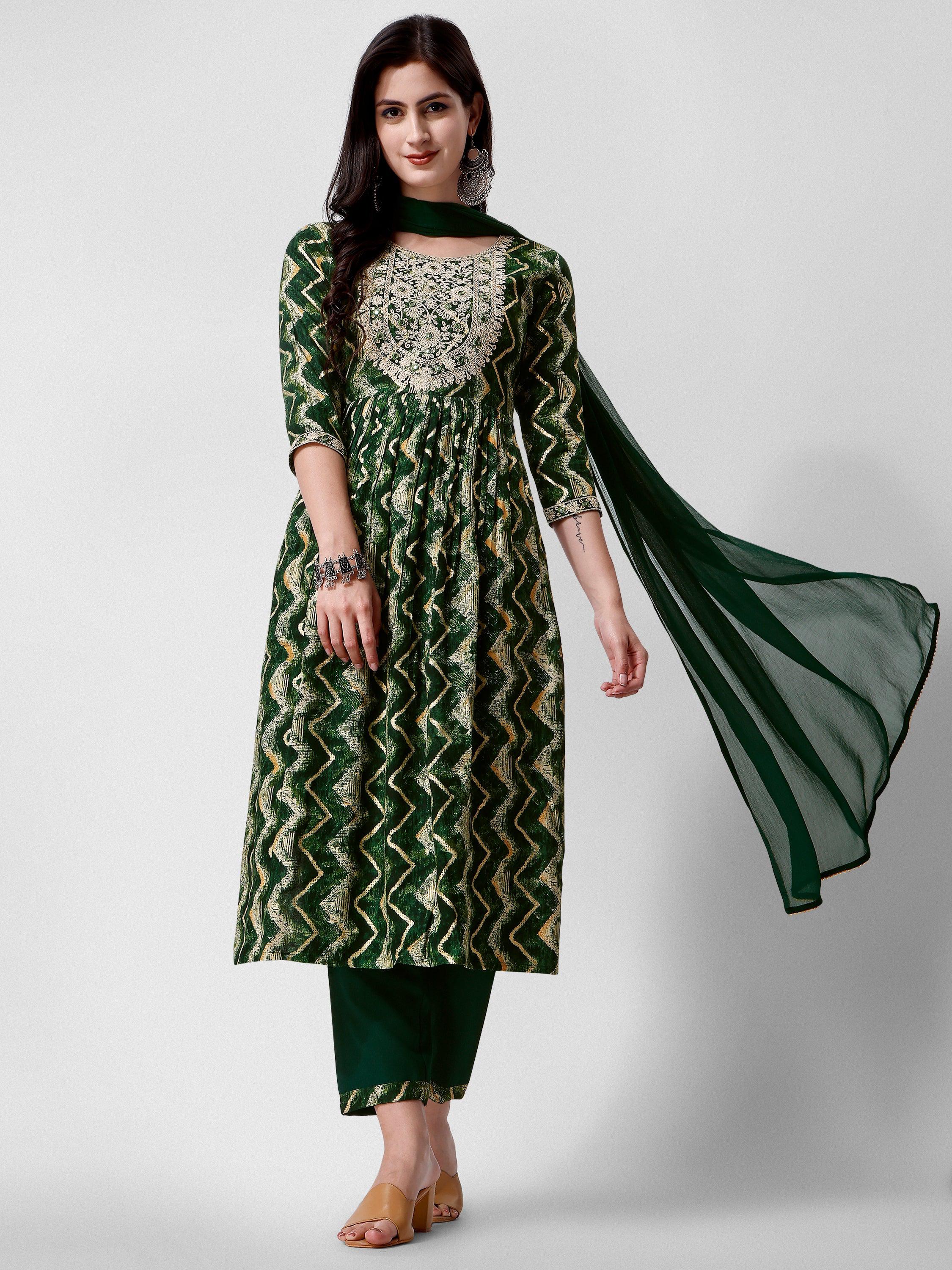 Nayra Cut Printed And Embroidered Kurta With Pant & Dupatta Set, Multicolor - Hiral Fashion - Distacart