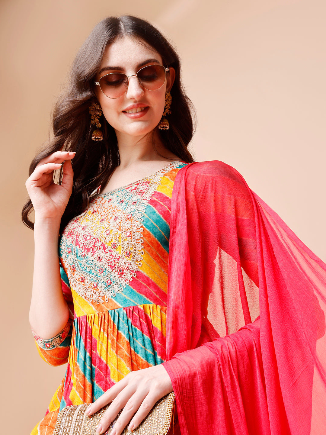 Nyra Cut Embroidered Multi Coloured Kurta With Pant & Dupatta, Multicolor - Hiral Fashion - Distacart