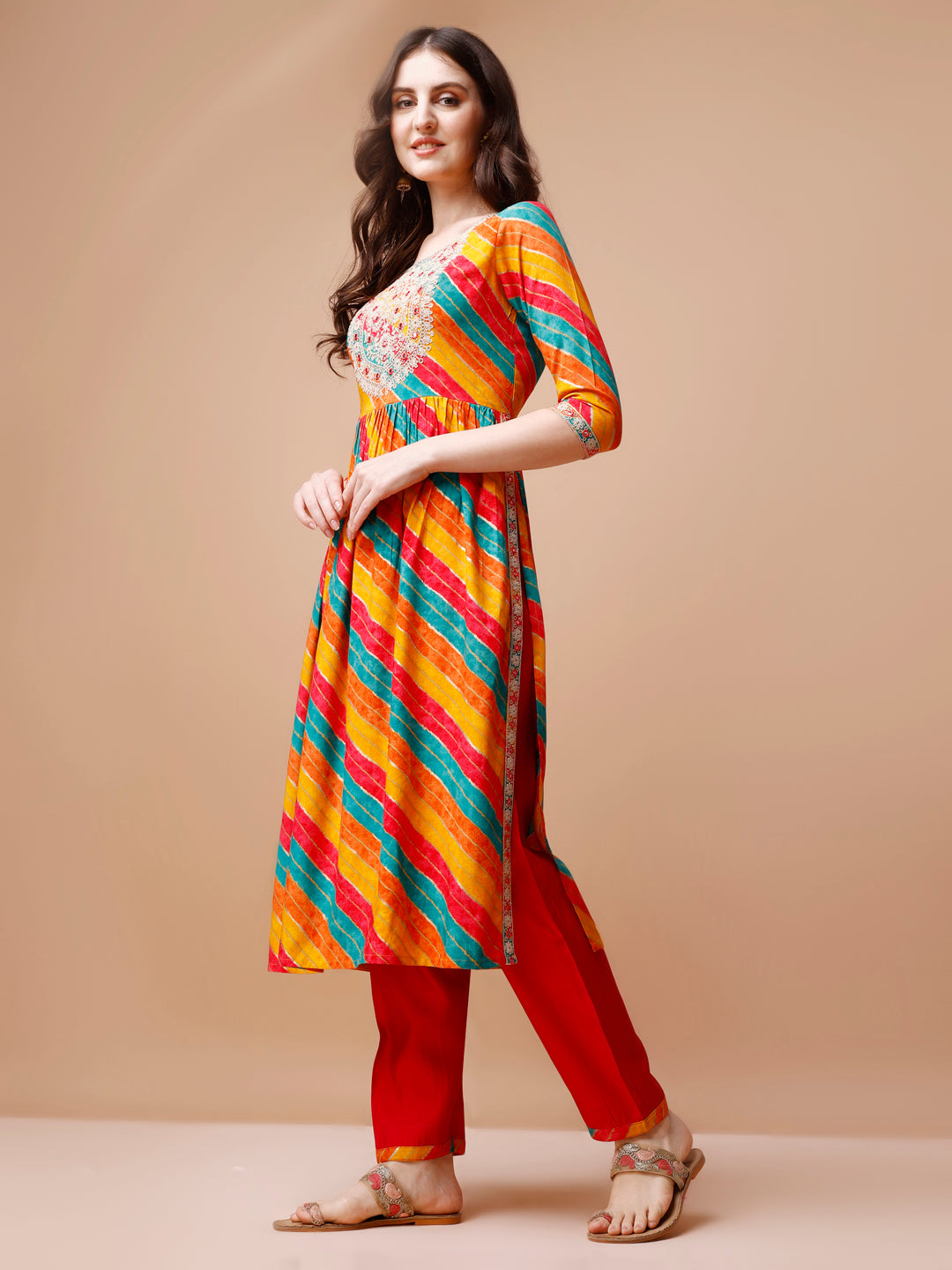 Nyra Cut Embroidered Multi Coloured Kurta With Pant & Dupatta, Multicolor - Hiral Fashion - Distacart