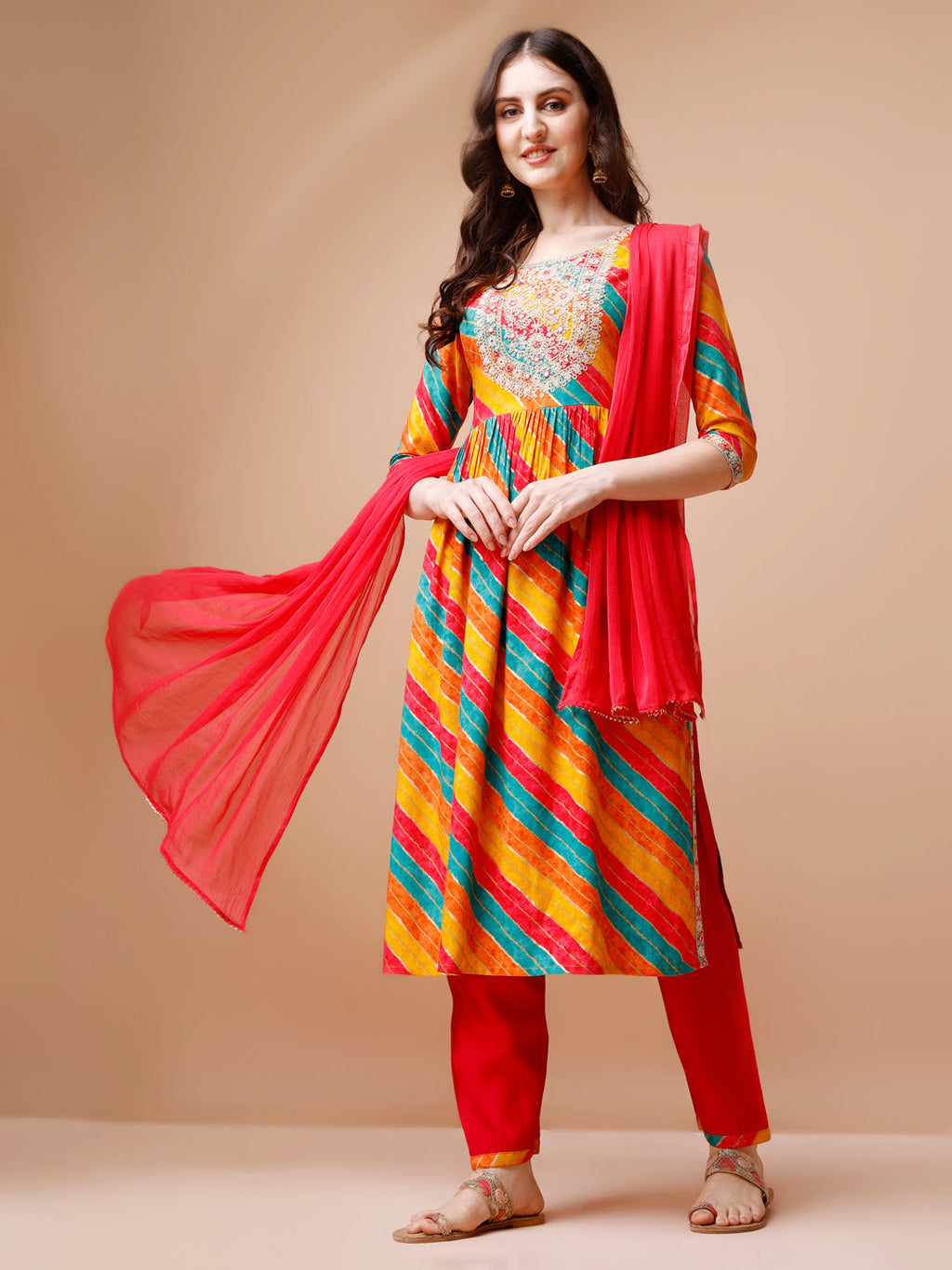 Nyra Cut Embroidered Multi Coloured Kurta With Pant & Dupatta, Multicolor - Hiral Fashion - Distacart