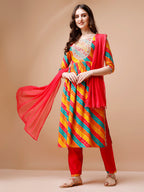 Nyra Cut Embroidered Multi Coloured Kurta With Pant & Dupatta, Multicolor - Hiral Fashion - Distacart