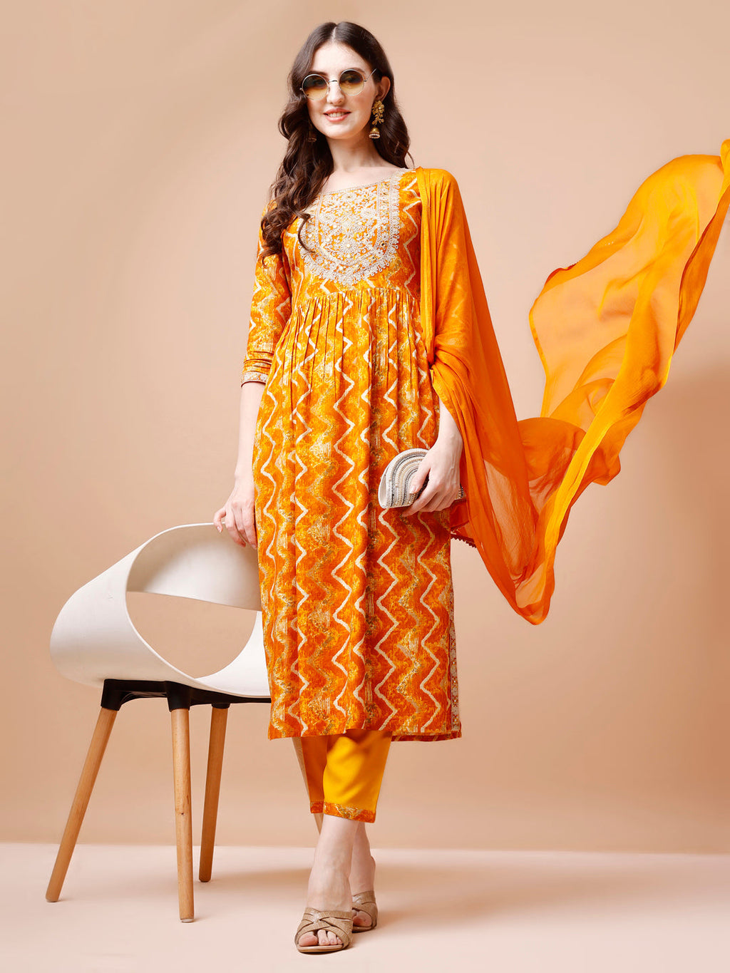 Nyra Cut Embroidered & Chevron Printed Kurta With Pant & Dupatta, Multicolor - Hiral Fashion - Distacart