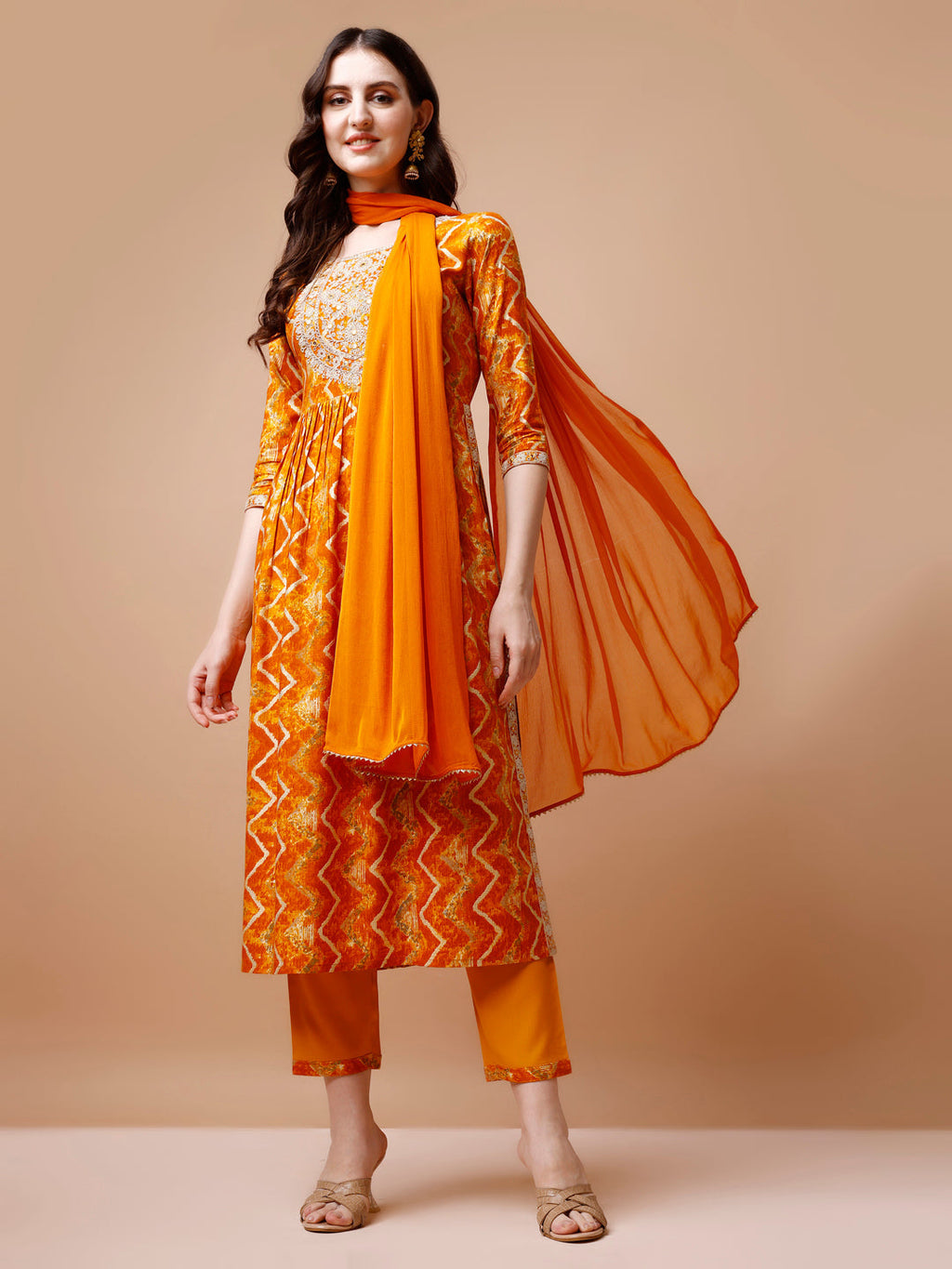 Nyra Cut Embroidered & Chevron Printed Kurta With Pant & Dupatta, Multicolor - Hiral Fashion - Distacart