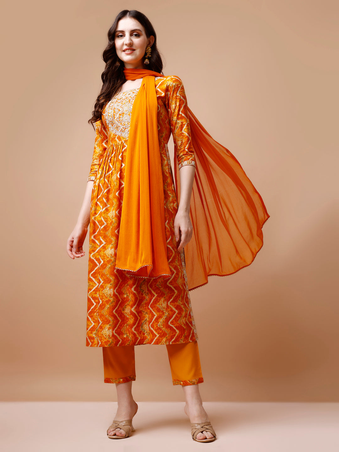 Nyra Cut Embroidered & Chevron Printed Kurta With Pant & Dupatta, Multicolor - Hiral Fashion - Distacart