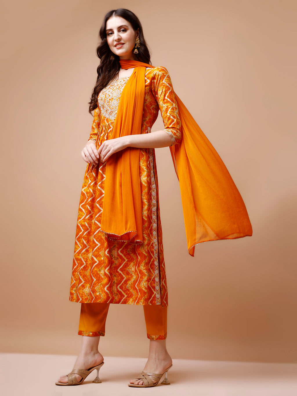 Nyra Cut Embroidered & Chevron Printed Kurta With Pant & Dupatta, Multicolor - Hiral Fashion - Distacart
