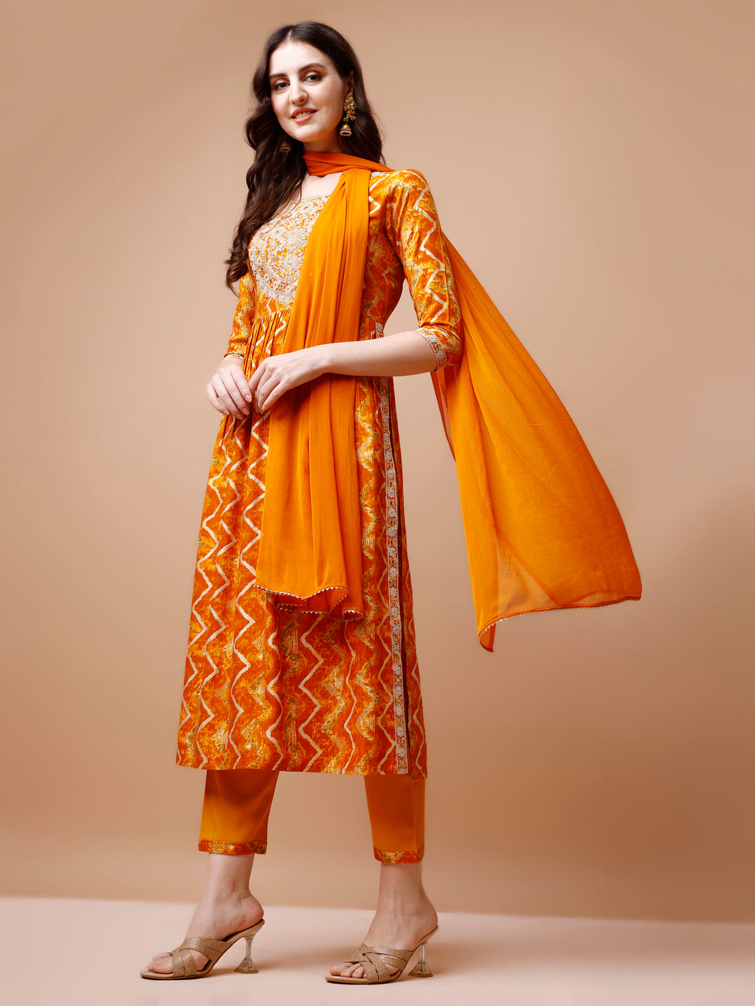 Nyra Cut Embroidered & Chevron Printed Kurta With Pant & Dupatta, Multicolor - Hiral Fashion - Distacart