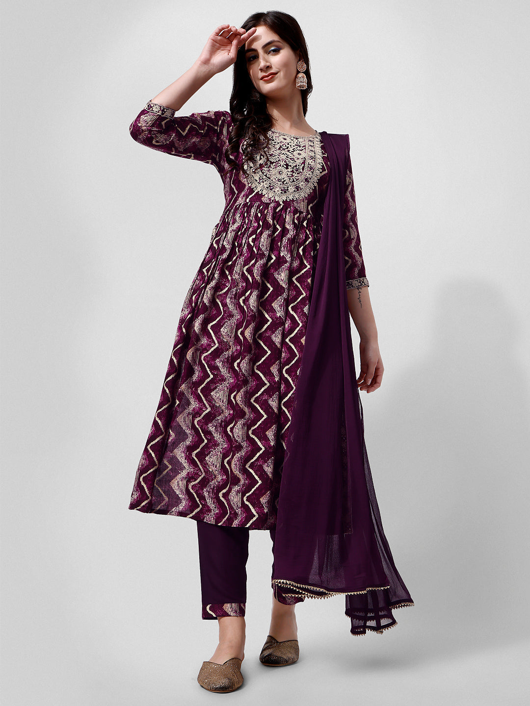 Nayra Cut Printed And Embroidered Kurta With Pant & Dupatta Set, Multicolor - Hiral Fashion - Distacart