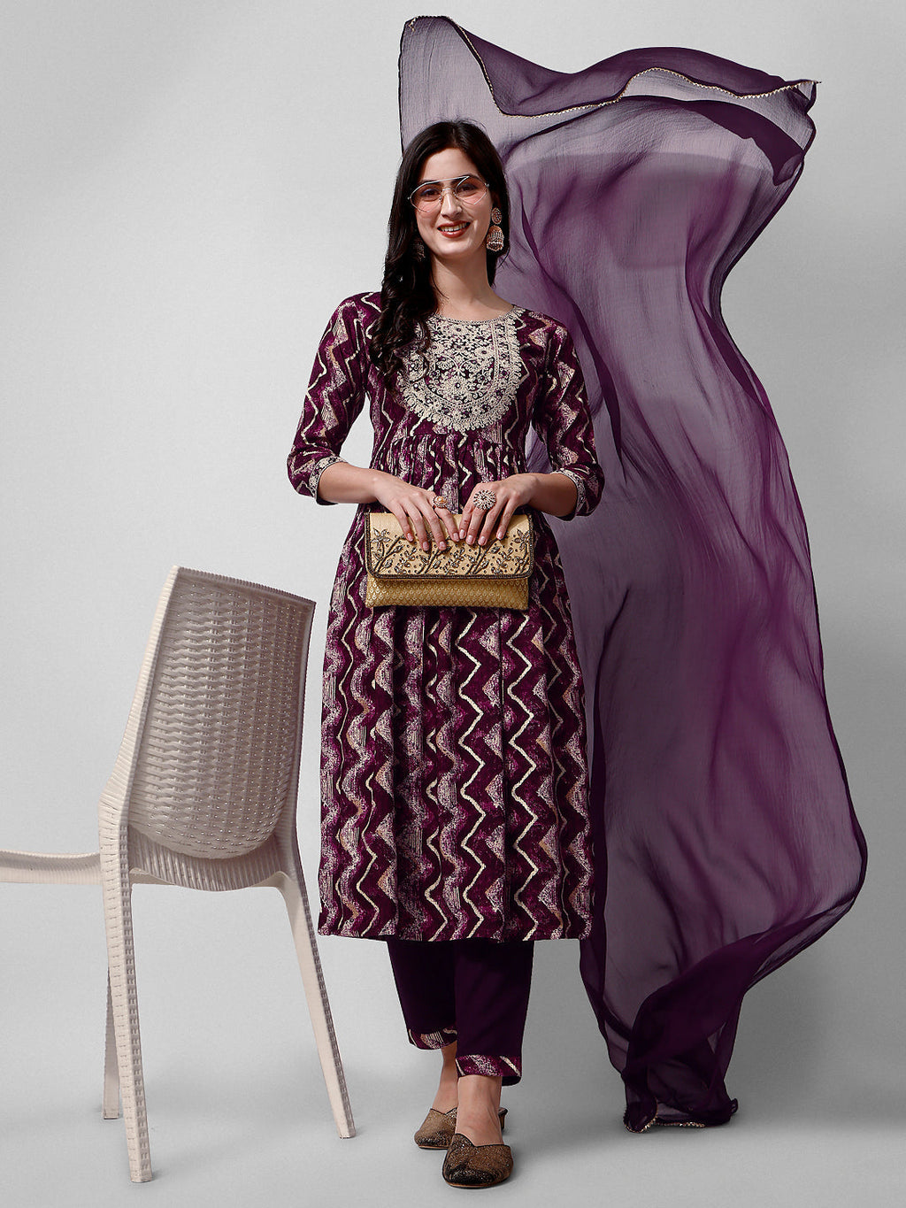 Nayra Cut Printed And Embroidered Kurta With Pant & Dupatta Set, Multicolor - Hiral Fashion - Distacart