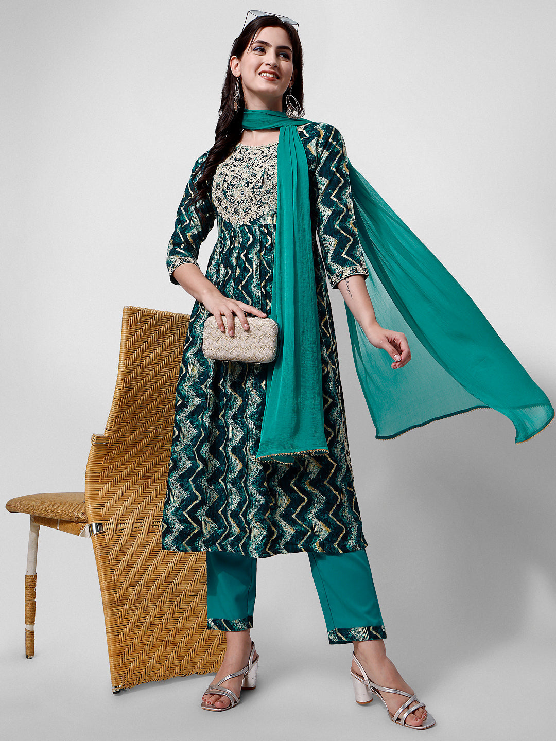 Nayra Cut Printed And Embroidered Kurta With Pant & Dupatta Set, Multicolor - Hiral Fashion - Distacart